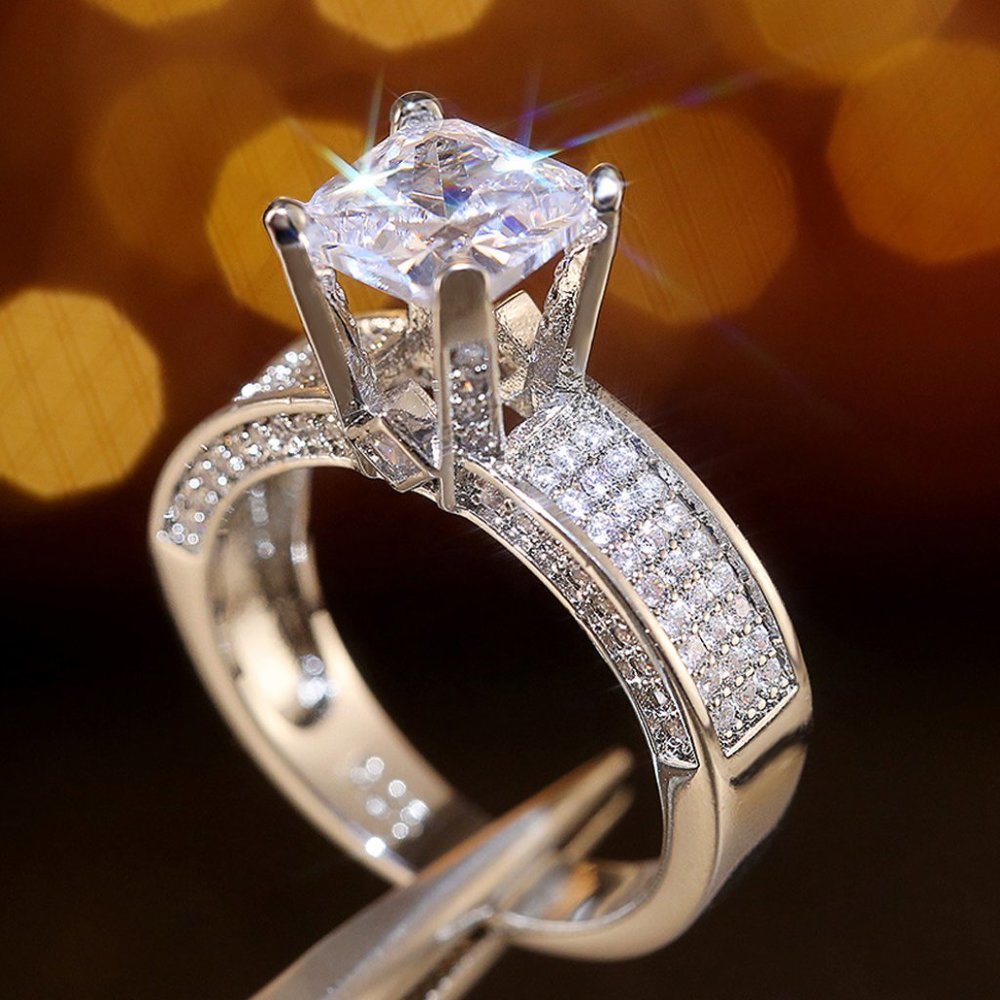 💞 Three Layer Full Zircon Square Shiny Princess Cut Luxury Rings Women PD002